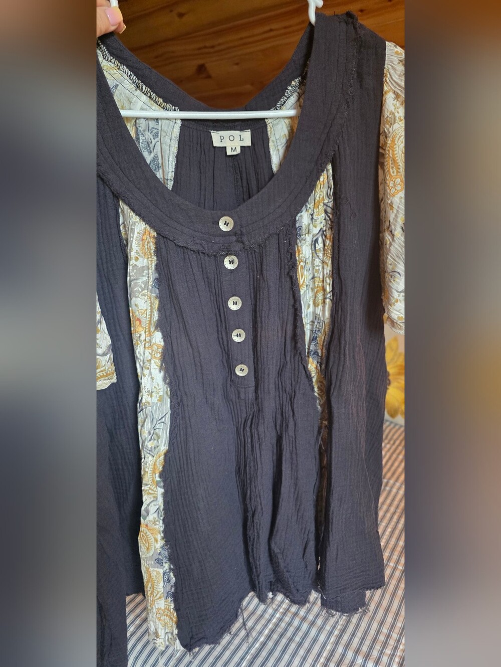 POL Dark Gray and Floral Panel Short Sleeve Peasant Blouse - Picture 6 of 10